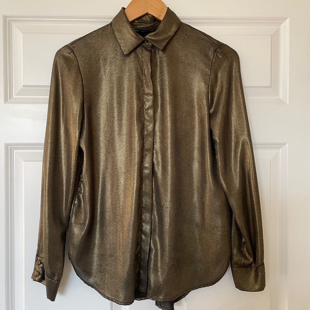 ZARA Metallic Black Gold Button Down Shirt